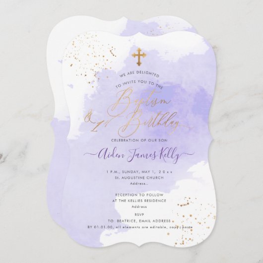 ラベンダーウォーターカラーバプテスマ+1歳の誕生日 招待状 (正面/裏面)