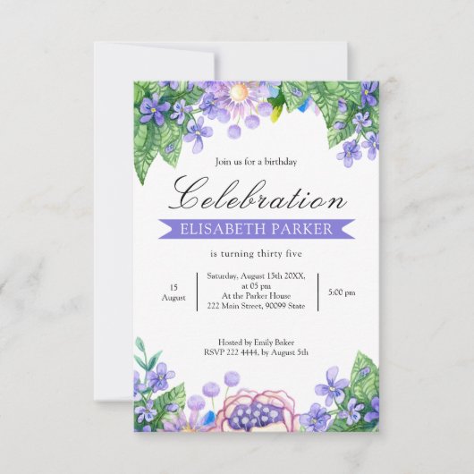 ラベンダーウォーターカラーフラワーズ誕生日招待状 招待状 (正面)