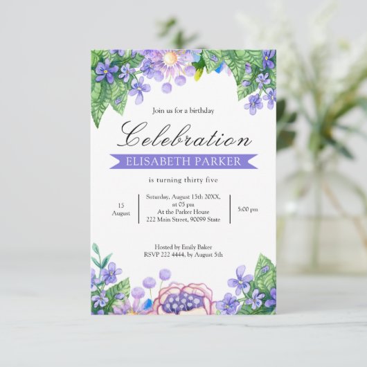 ラベンダーウォーターカラーフラワーズ誕生日招待状 招待状 (スタンド正面)