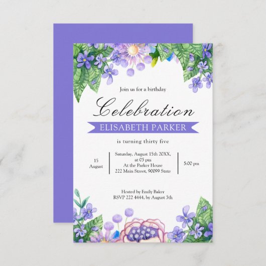 ラベンダーウォーターカラーフラワーズ誕生日招待状 招待状 (正面/裏面)