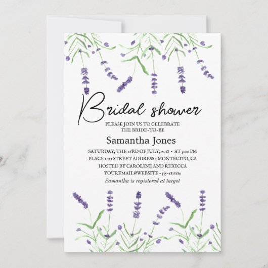 ラベンダーウォーターカラーフラワーパープルブライダルシャワー 招待状 (正面)