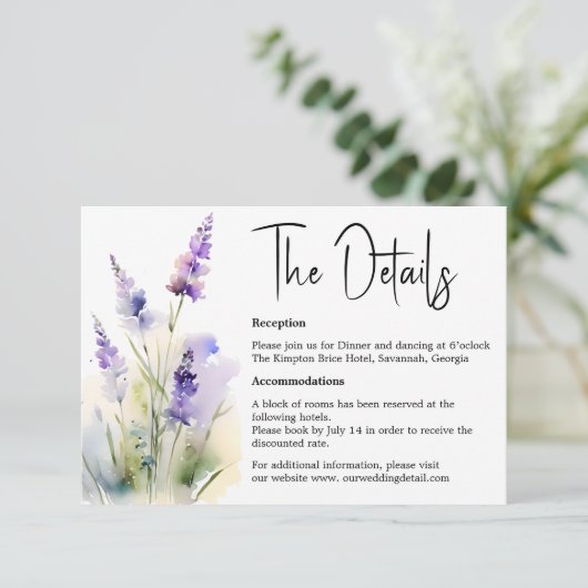 ラベンダーウォーター結婚カラー詳細カード 出欠カード (スタンド正面)