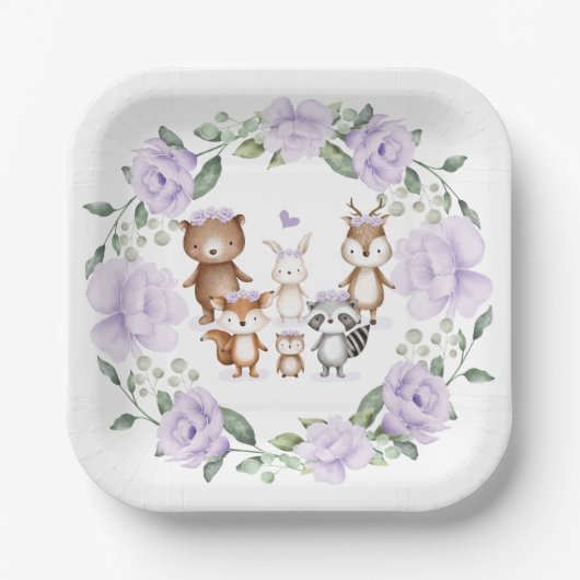 ラベンダーウッドランドフォレストアニマルズ誕生日パーティー ペーパープレート (正面)
