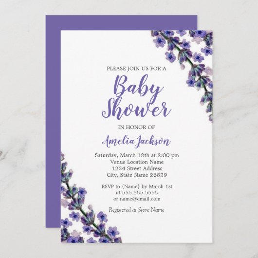 ラベンダーエレガントパープルベビーシャワー招待状 招待状 (正面/裏面)