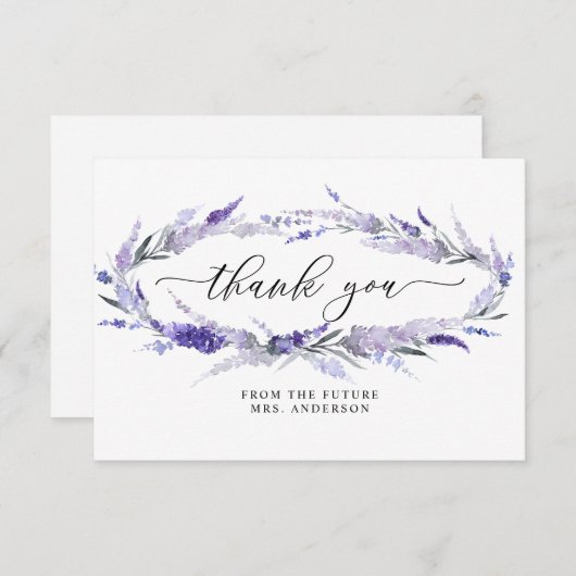 ラベンダーエレガントフローラ薄紫マウヴブライダルシャワー サンキューカード (正面/裏面)