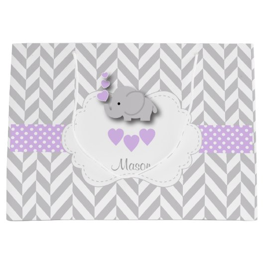 ラベンダーエレファントデザイン-男の赤ちゃんシャワー ラージペーパーバッグ (正面)