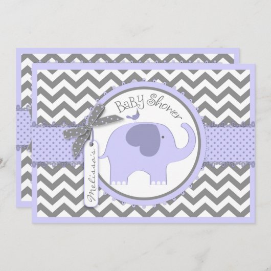 ラベンダーエレファントバードシェブロンプリントベビーシャワー 招待状 (正面/裏面)