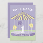 ラベンダーエレファント回転木馬1st誕生日 招待状 (正面/裏面)