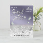 ラベンダーカッコいいシルバーグリッターティアラバタフライ 招待状 (スタンド正面)