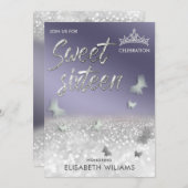 ラベンダーカッコいいシルバーグリッターティアラバタフライ 招待状 (正面/裏面)