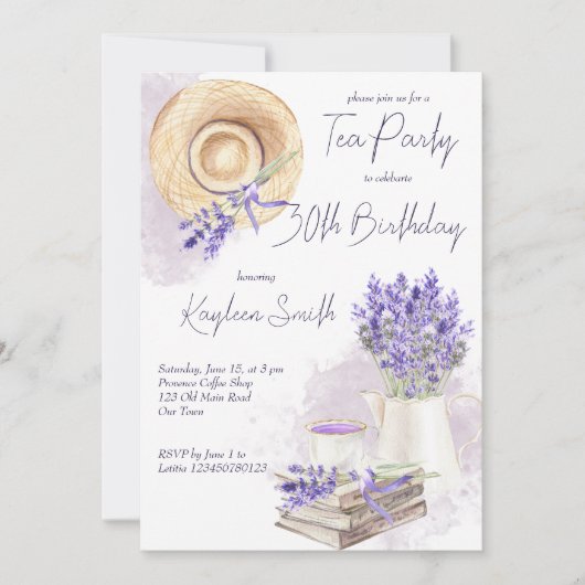 ラベンダーカップのお茶、ロマンチックな茶のパーティー誕生日 招待状 (正面)