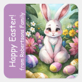 ラベンダーカラフルフローラバニーイースターエッグ スクエアシール (正面)