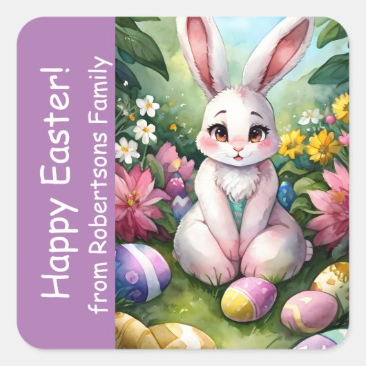 ラベンダーカラフルフローラバニーイースターエッグ スクエアシール (正面)