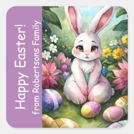 ラベンダーカラフルフローラバニーイースターエッグ スクエアシール