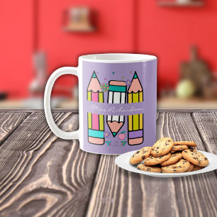 ラベンダーカラフル教師名鉛筆キャラクター コーヒーマグカップ