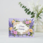 ラベンダーカラーのカラフルなお花の誕生日 ポストカード (スタンド正面)