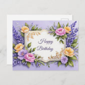 ラベンダーカラーのカラフルなお花の誕生日 ポストカード (正面/裏面)