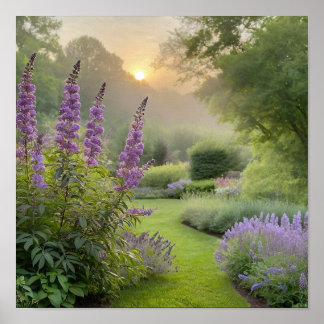ラベンダーガーデンの日の出 – 穏やかな花の風景 ポスター