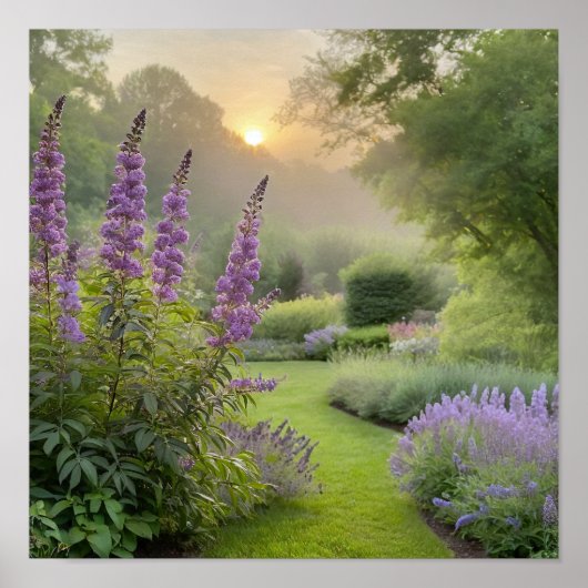 ラベンダーガーデンの日の出 – 穏やかな花の風景 ポスター (正面)