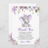 ラベンダーガール1st最初の誕生日エレファントパープル サンキューカード (正面/裏面)