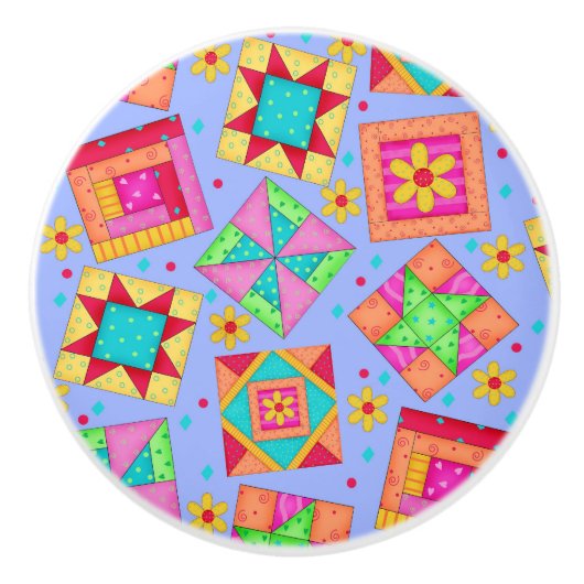 ラベンダーキカラフルルトパッチワークブロックアート セラミックノブ (正面)