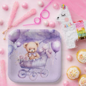 ラベンダーキャリッジガールベビーシャワー付きテディベア ペーパープレート (パーティー)