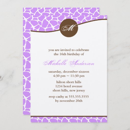 ラベンダーキリンパターン誕生日 招待状 (正面/裏面)