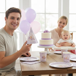 ラベンダーギンガムの1歳の誕生日ペーパーアイテム パーティーハット