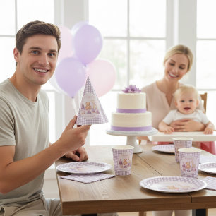 ラベンダーギンガムの1歳の誕生日ペーパーアイテム パーティーハット