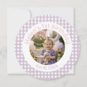 ラベンダーギンガムチェックの1歳の誕生日記念写真の御礼 サンキューカード (正面)