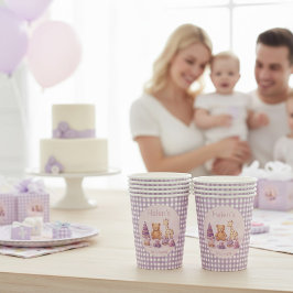 ラベンダーギンガムチェックの1歳の誕生日 紙コップ