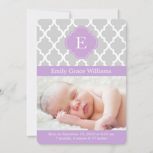 ラベンダークローバーモノグラム出産アナウンス 案内状 (正面)