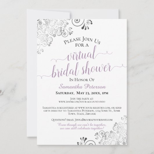 ラベンダーグエレガントレーホワイト仮想ブライダルシャワー 招待状 (正面)