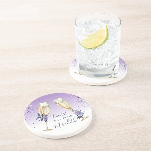 ラベンダーグラデーションティール(緑がかった色)シャンパントースト21歳の誕生日 コースター (側面)