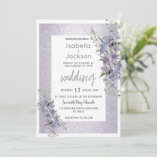 ラベンダーグリッターワイルドフラワー結婚ズフローラ 招待状 (スタンド正面)