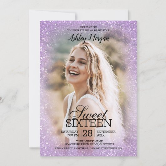 ラベンダーグリッター写真テンプレートスウィート16パーティー 招待状 (正面)