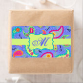 ラベンダーグリーンモダンペイズリーパターンモノグラム ラベル (インサイチュ)