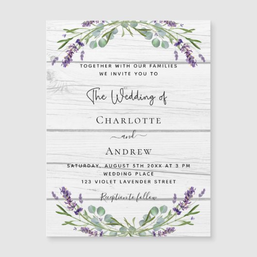 ラベンダーグリーンリー白い木のラグジュアリー結婚ズ マグネット招待状 (正面)