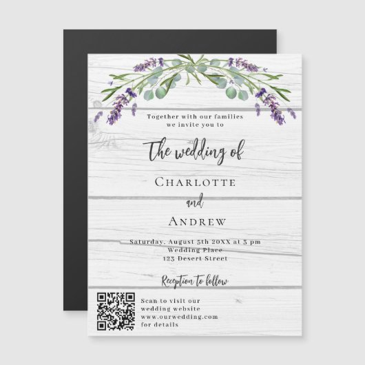 ラベンダーグリーン木材QRコードラグジュアリー結婚ズ マグネット招待状 (正面/裏面)