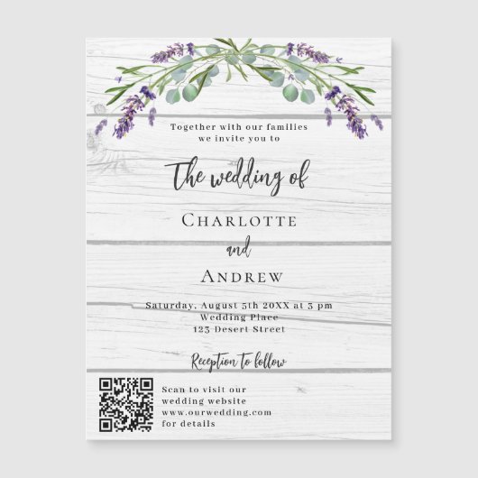ラベンダーグリーン木材QRコードラグジュアリー結婚ズ マグネット招待状 (正面)