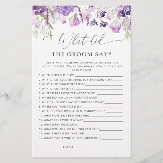 ラベンダーグルーマーは何と言ったブライダルシャワーゲーム (正面)