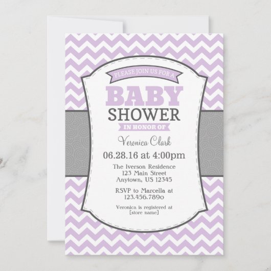 ラベンダーグレーシェブロンベビーシャワー招待状 招待状 (正面)
