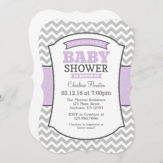 ラベンダーグレーシェブロンベビーシャワー招待状 招待状 (正面/裏面)