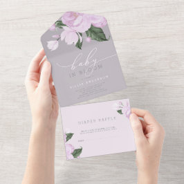 ラベンダーグレーフローラガールベビーイン開花シャワー オールインワン招待状