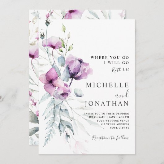 ラベンダーグレーフローラバイブル聖書聖書聖書聖書聖書通結婚信徒 招待状 (正面/裏面)