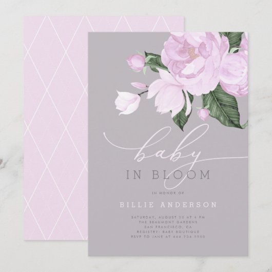 ラベンダーグレーフローラベビーガール開花シャワー 招待状 (正面/裏面)