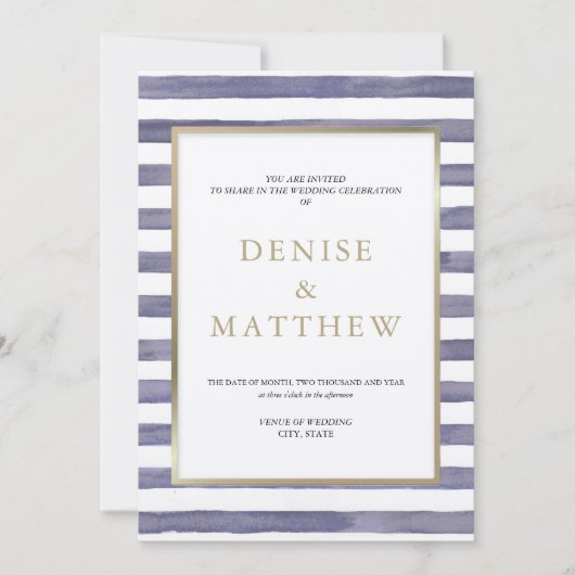 ラベンダーグレー ウォーターカラーストライプ & ゴールドレタリング 招待状 (正面)