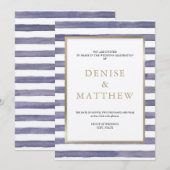 ラベンダーグレー ウォーターカラーストライプ & ゴールドレタリング 招待状 (正面/裏面)