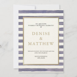 ラベンダーグレー ウォーターカラーストライプ & ゴールドレタリング 招待状