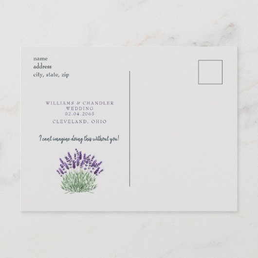 ラベンダーグ結婚レイの服を着て私の花嫁になる インビテーションポストカード (裏面)